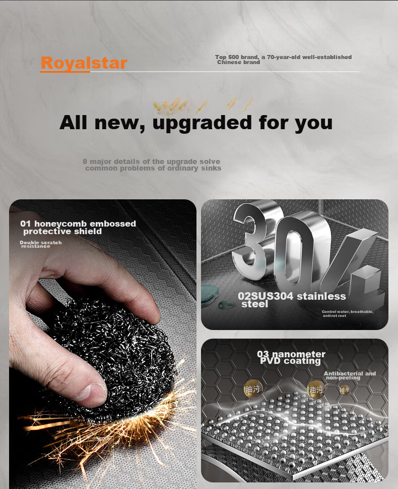 Кухонная мойка Royalstar, ручная работа, утолщенная нержавеющая сталь 304, текстурированная сотами, устойчивая к царапинам и жиру, двойная ступеньчатая мойка, 68*45