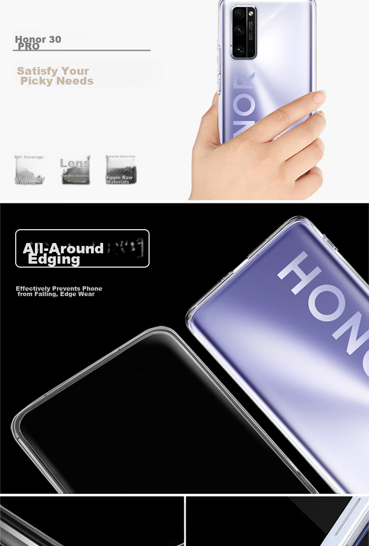 Чехол ESCASЕ для Honor 30 Pro/30 Pro+, противоударный, полный охват, мягкий силикон, с отверстием для шнурка, прозрачный защитный чехол