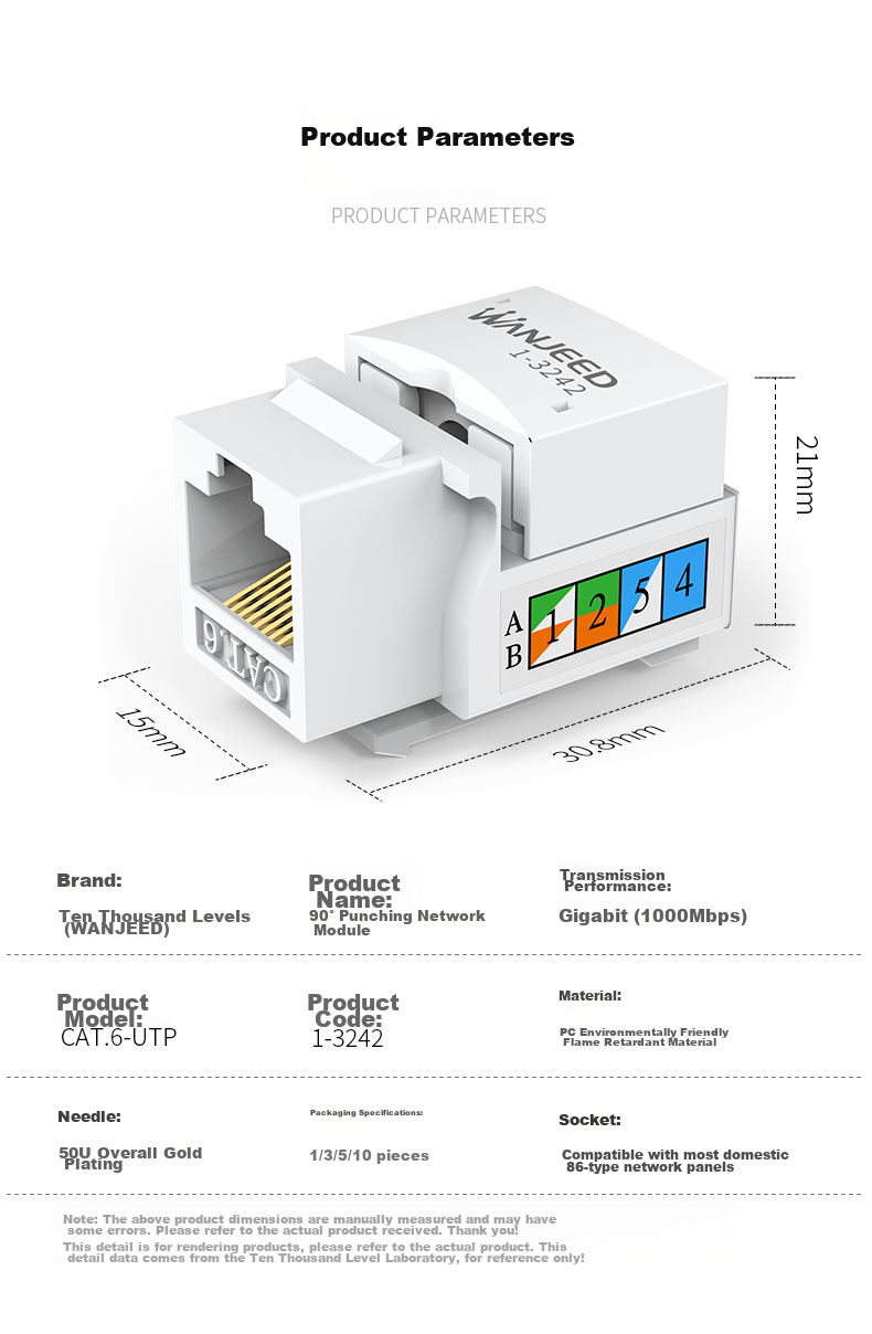 Модуль сетевой розетки WANJEED Cat6 RJ45 Gigabit Ethernet, 90 градусов, для патч-панелей, 1-3242