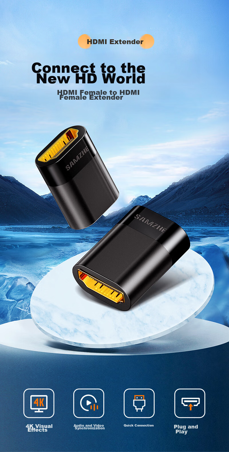 HDMI удлинитель SAMZHE HFD-02, Female to Female, версия 2.0, 4K, черный