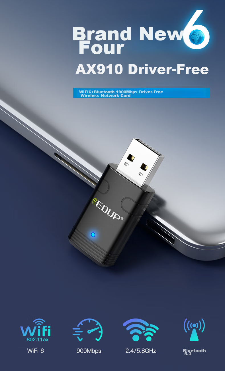 Wi-Fi 6 адаптер EDUP AX900, двухдиапазонный 5G Bluetooth 5.3, беспроводной сетевой адаптер для настольных ПК и ноутбуков, USB, Win10/11, EP-AX910S
