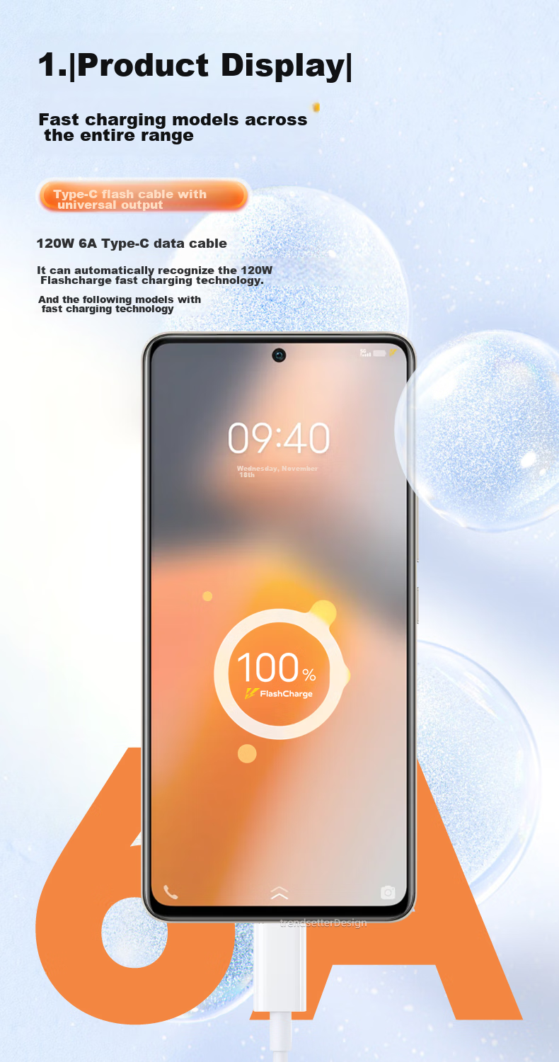 Кабель Trendsetter Type-C 6A 120W, 1 метр, белый
