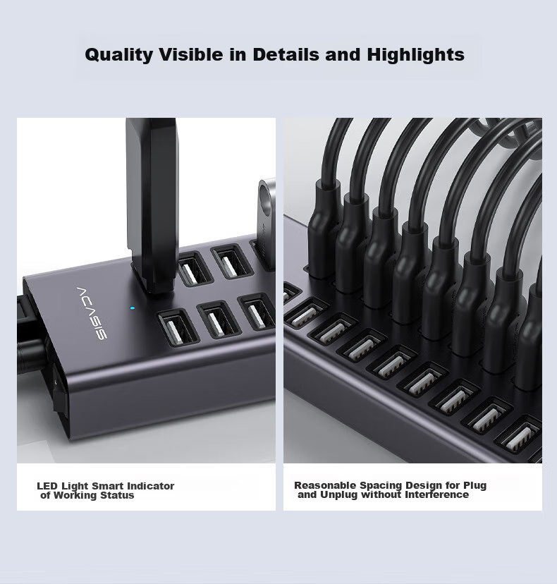 USB-хаб Acasis H037 на 20 портов USB 2.0 с блоком питания 90 Вт, алюминиевый корпус, для ноутбуков и ПК