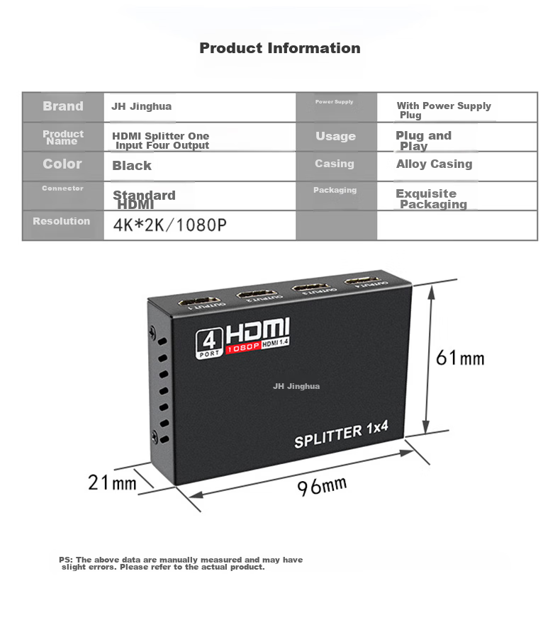 HDMI сплиттер Jinghua F211, 1 вход 4 выхода, 4K HD, для ТВ-приставки, компьютера, ноутбука, подключения к телевизору, проектору, монитору, черный