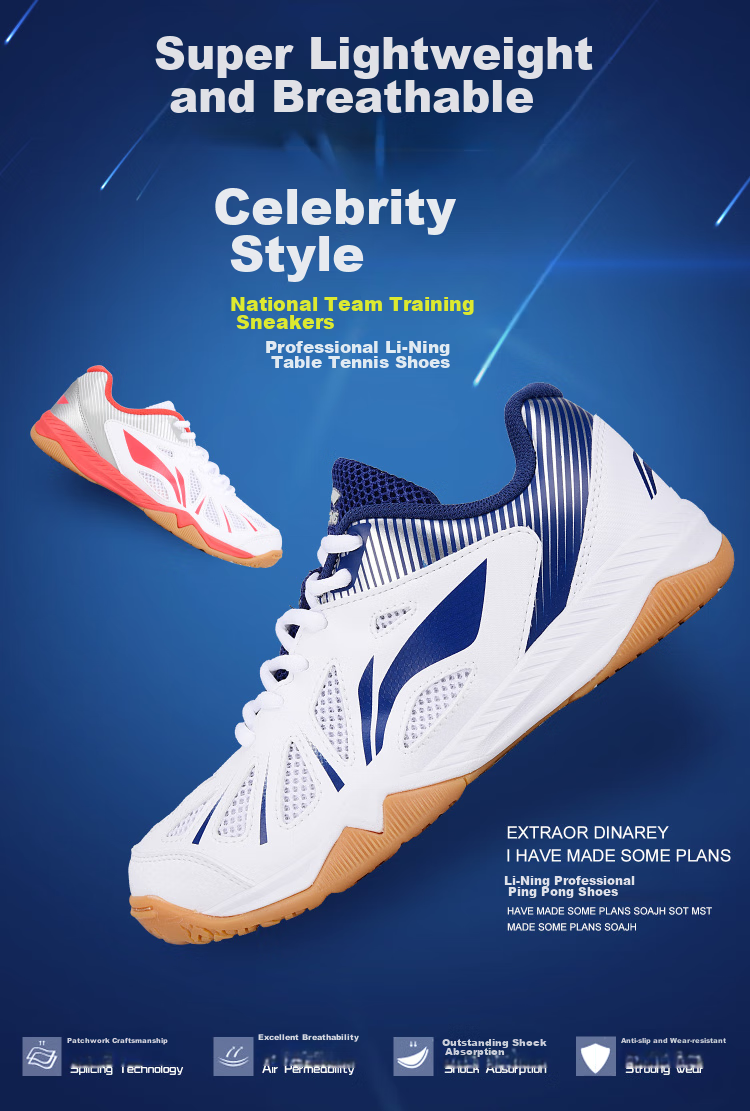 Кроссовки для настольного тенниса Li-Ning APTT017-12/APTT018-12, унисекс, дышащие, нескользящие, для тренировок, белые с синим, размер 40