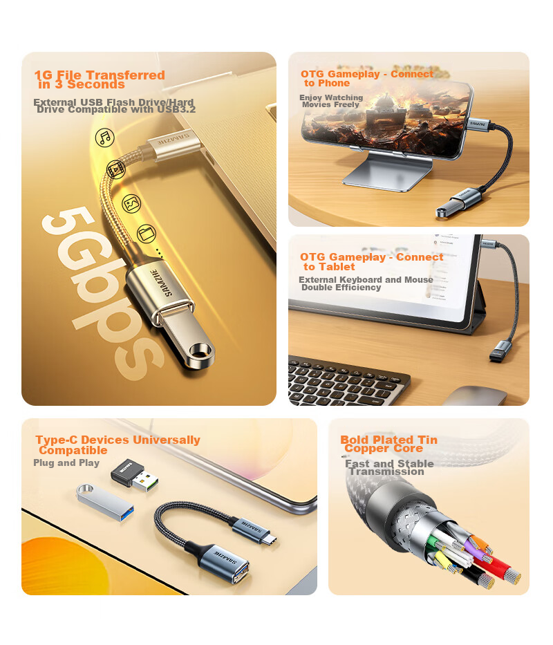 Адаптер-кабель SAMZHE Type-C на USB 3.2 Gen1 OTG, 500 МБ/с, алюминиевый сплав, плетеный, CAL31-1