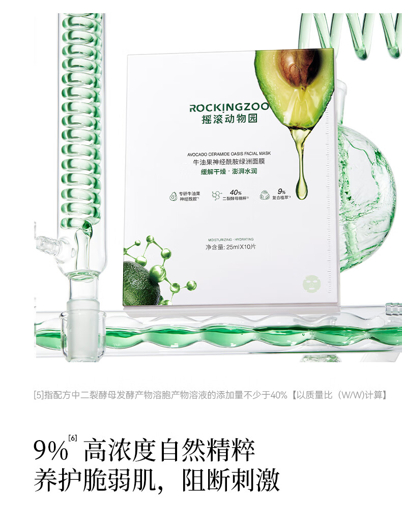 摇滚动物园保湿贴片面膜补水嫩肤保湿润泽积雪草精华适用亲肤男女可用 牛油果绿洲面膜 20片