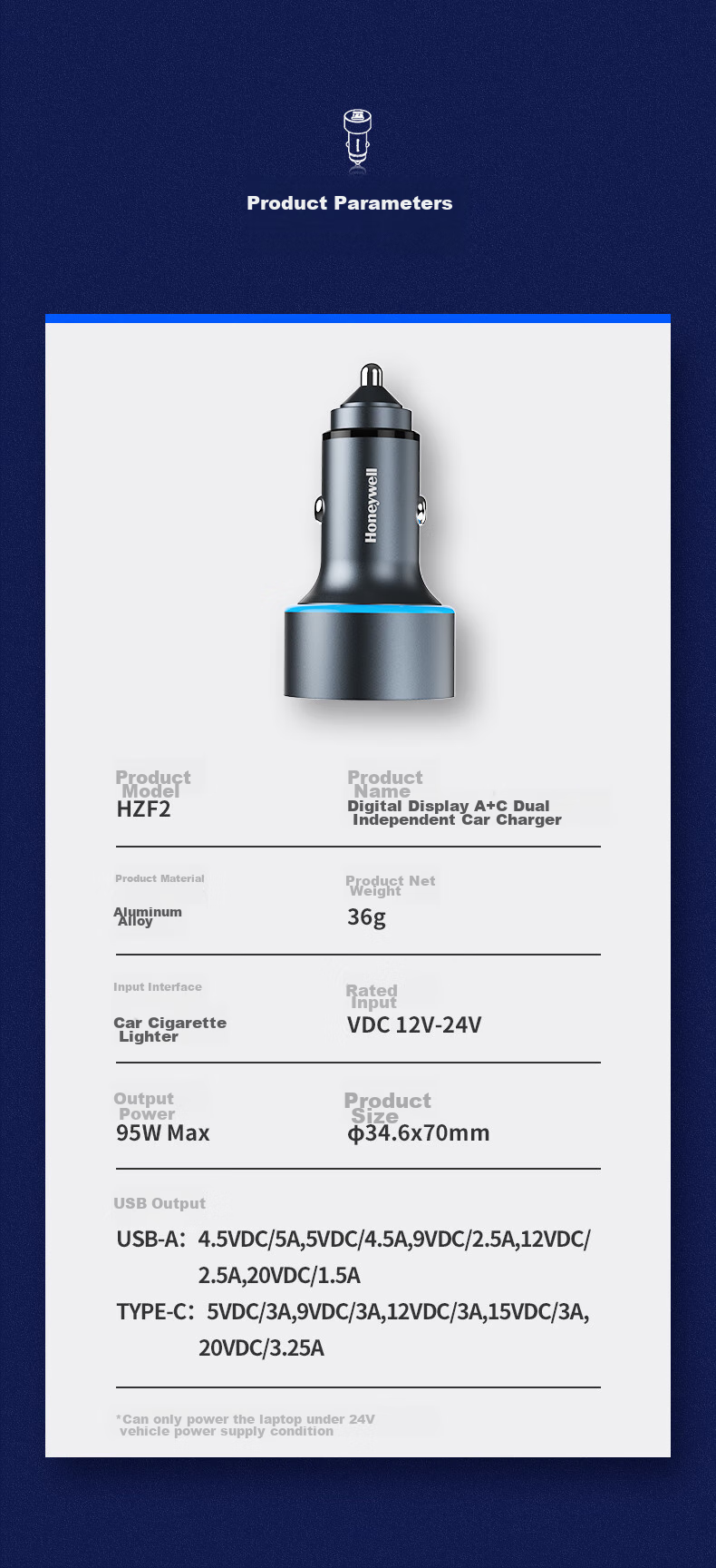 Автомобильное зарядное устройство Honeywell HZF2, двойной порт, быстрая зарядка 95 Вт, USB-C и USB-A, для iPhone, Huawei, ноутбуков, 12-24 В