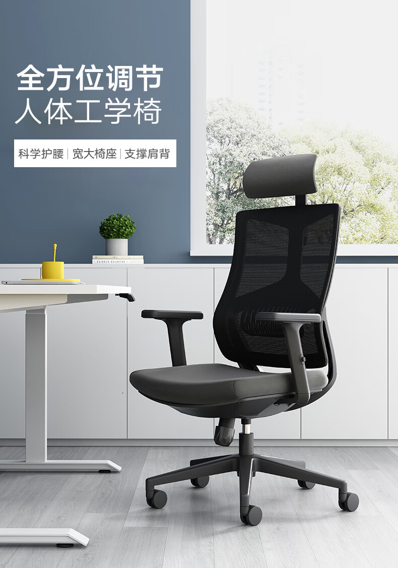 圣奥（sunon）睿铂 人体工学电脑椅职员办公椅靠背舒适久坐家用椅子 升降扶手-五星脚-带头枕