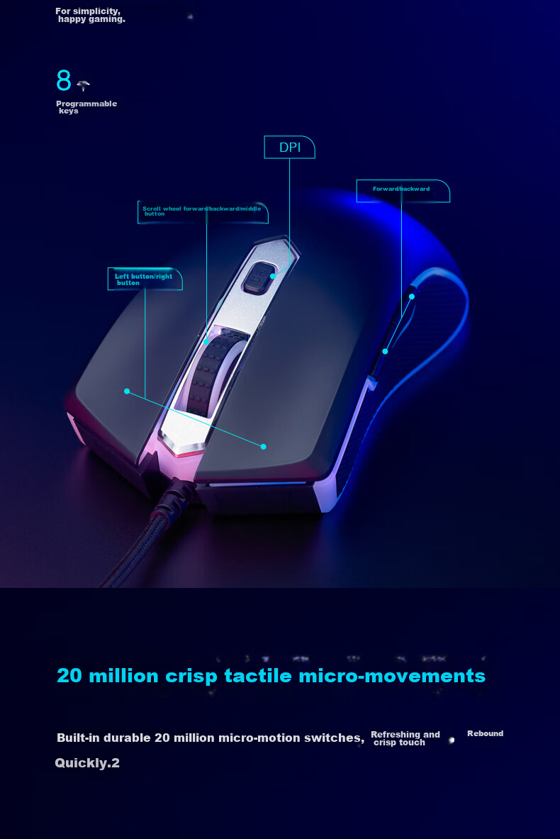 Игровая мышь Rapoo V28S, проводная, RGB, 8 программируемых кнопок, черная
