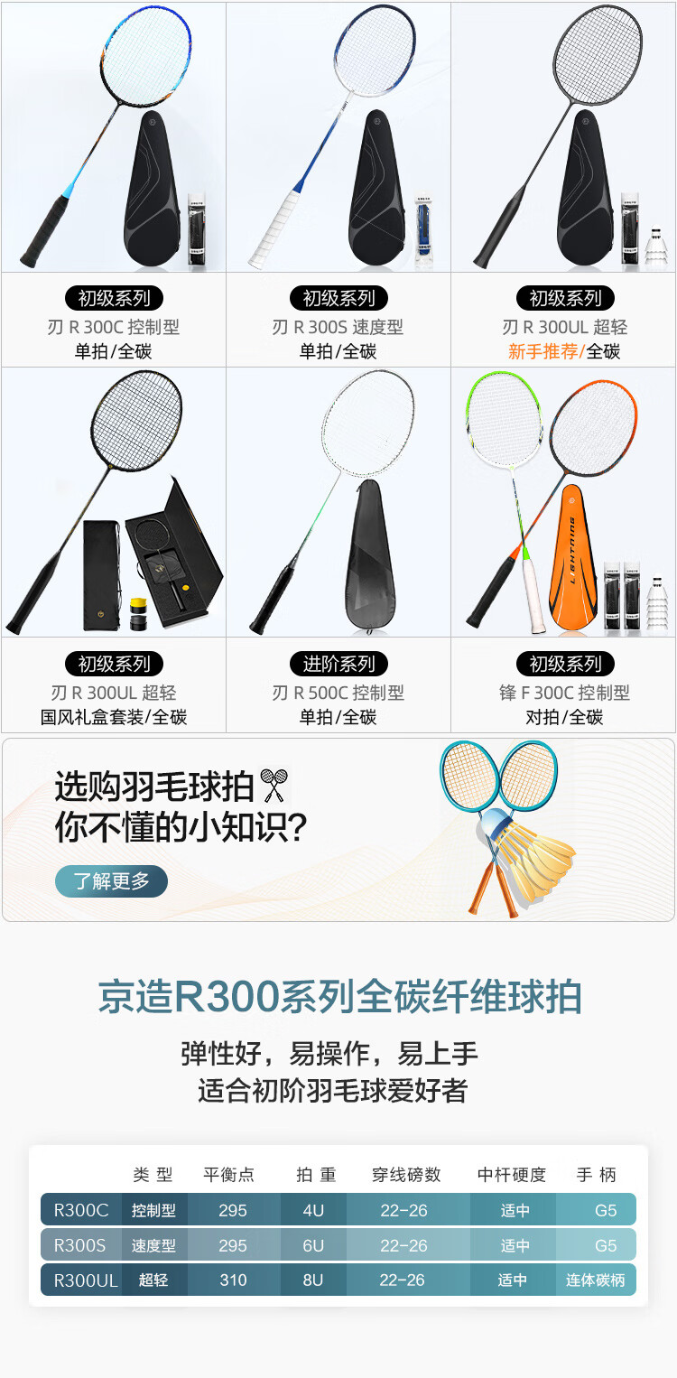 京东京造 羽毛球拍单拍 全碳素超轻8U小黑拍 运动训练羽拍 R 300UL 超轻（附拍包 羽毛球3个龙骨手胶1个）