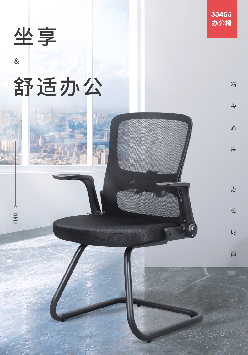 得力 deli 弓形脚 扶手可翻折电脑椅 人体工学居家风格办公椅 学习座椅 家用舒适 33455