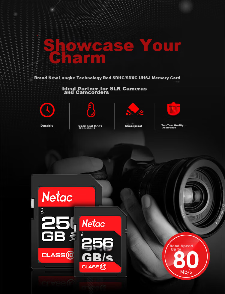 Карта памяти Netac 256GB SD U1 C10, скорость чтения до 90 МБ/с, для фото- и видеосъемки в Full HD, для цифровых камер и видеокамер