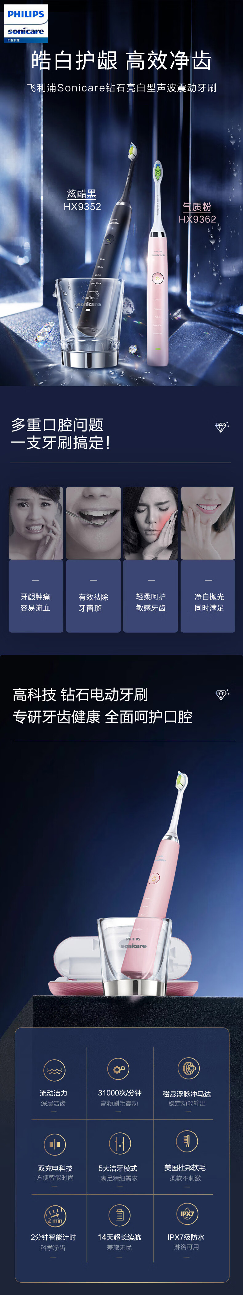 8日0点、Plus会员,Philips 飞利浦 HX9352/04 钻石亮白型 声波震动牙刷 350元包邮 值值值-买手聚集的地方