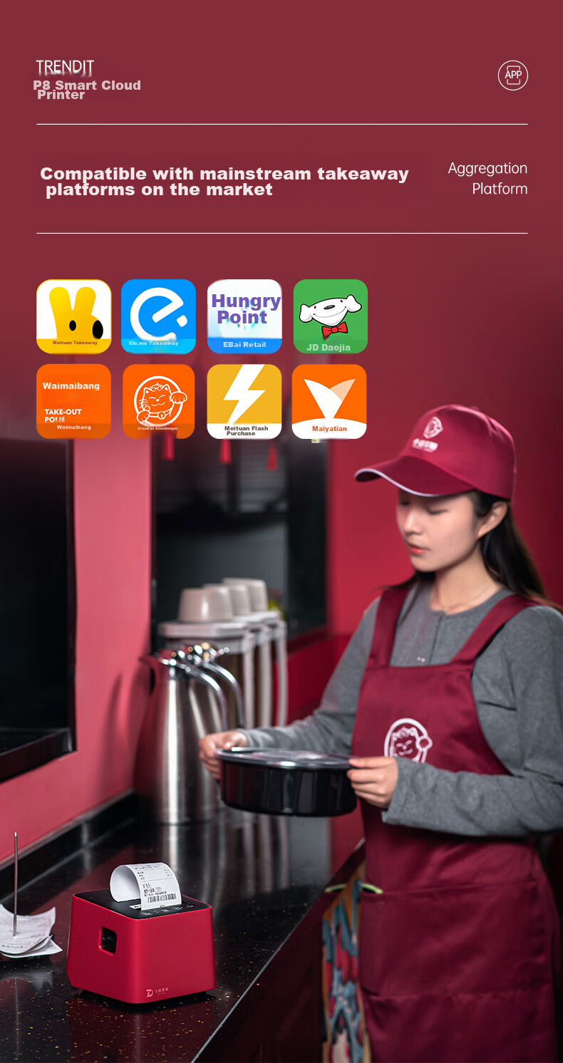 Принтер для доставки еды TRENDIT P8, поддержка JD Takeout, Meituan, Douyin, Ele.me, автоматический прием заказов, печать чеков, беспроводная облачная печать Bluetooth, 4G + ручная отрывка бумаги