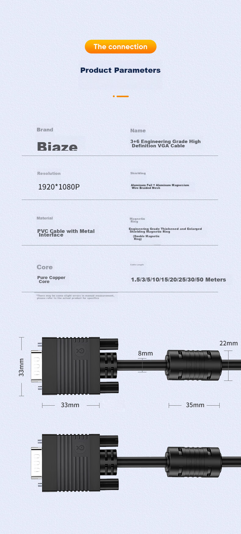 Кабель BIAZE VGA 3+6 Engineering-Grade, 5 метров, для подключения к монитору, проектору, ноутбуку, ТВ