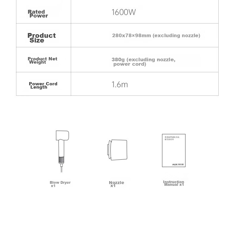 Фен AUX AH7800S, 1600 Вт, ионизация, 8 млрд отрицательных ионов, 110000 об/мин, 65 м/с, 57°C, 3 режима температуры, 3 режима скорости, низкий уровень шума