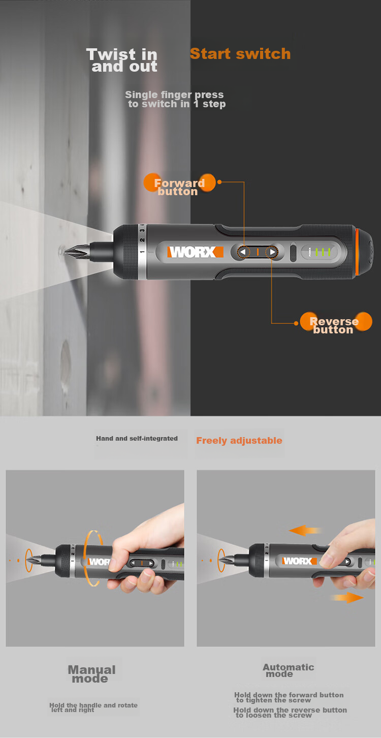 Аккумуляторная отвертка WORX WX242, компактная ручная, литиевая батарея, 30 бит в комплекте
