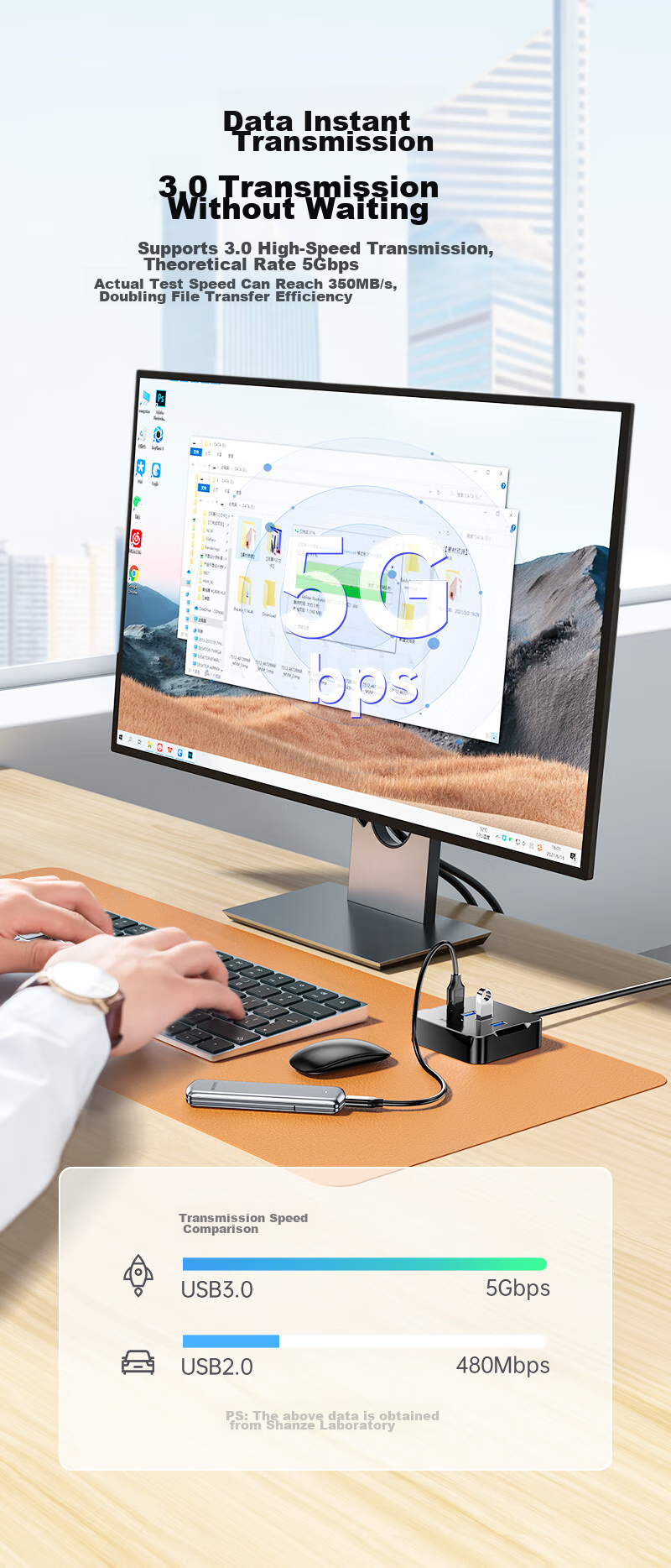 USB-хаб SAMZHE HUB02, 4 порта USB 3.0, высокоскоростной, черный, 1.5 метра