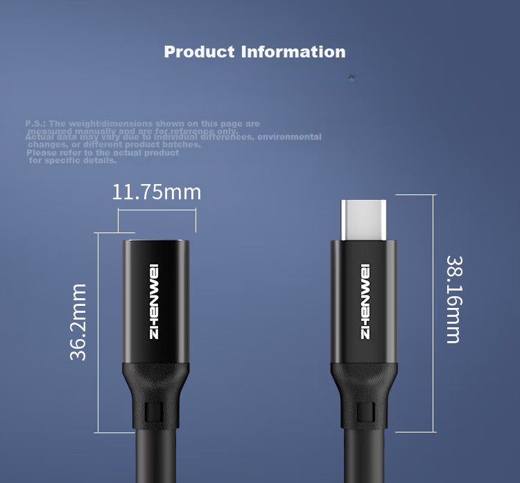 Кабель-удлинитель ZHENWEI Type-C, PD100W, USB 3.2 Gen2, 2 метра, черный