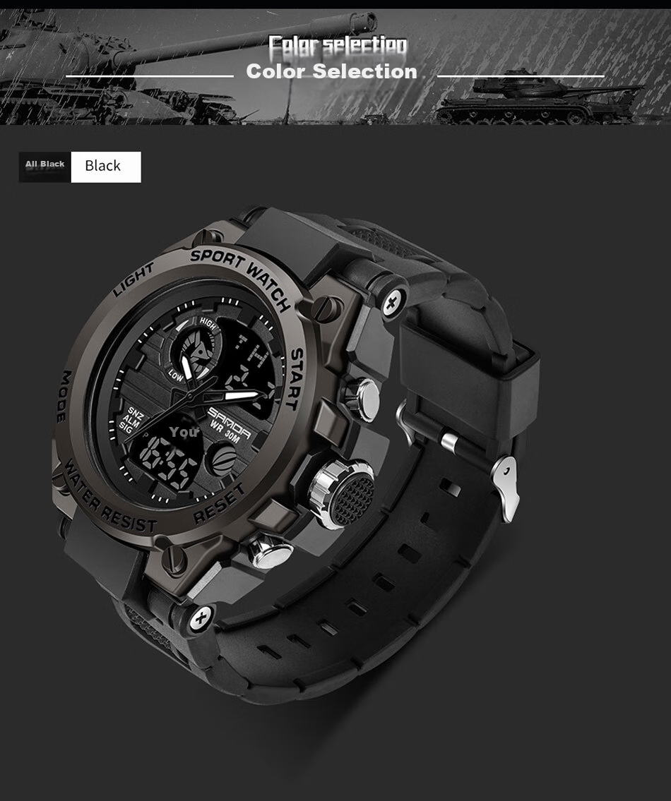 Мужские часы SANDA 739 Black Silver, спортивные электронные часы с будильником, водонепроницаемые до 30м, двойной дисплей