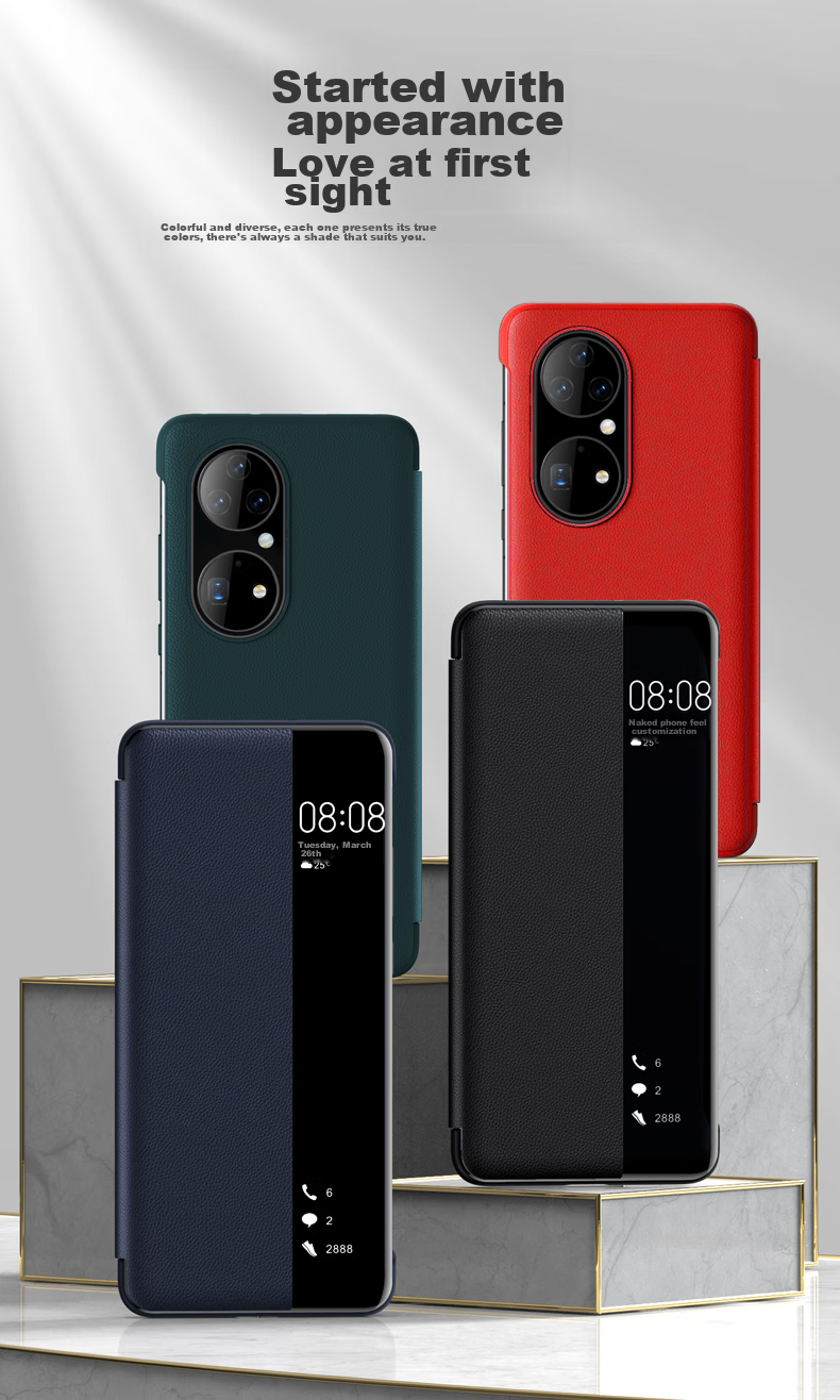 Чехол для Huawei P50 Pro ZhengJian, синий, кожаный, с окошком, смарт-окно, противоударный, бизнес-стиль