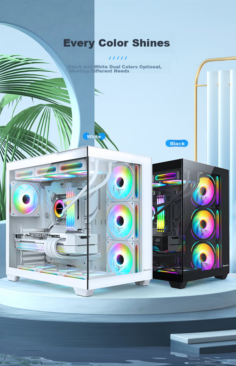 Корпус Huntkey S980 White Panoramic Edition Seaside View, ATX, mATX, Mini-ITX, белый, стекло, 160 мм, 400 мм