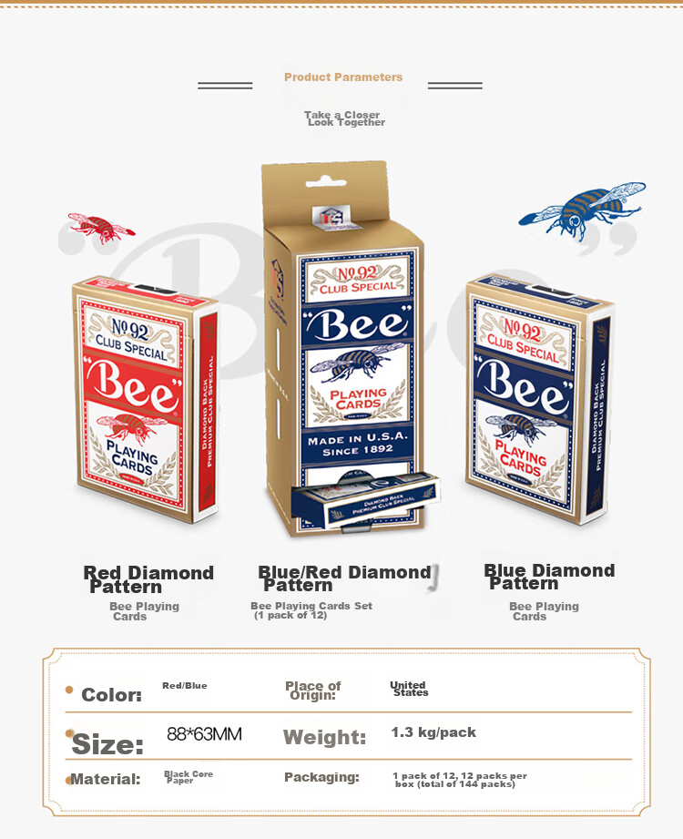 Колода игральных карт Bee Poker Cards, Техасский Холдем, широкие карты с черным сердечником, прочные, 12 колод (6 красных и 6 синих)