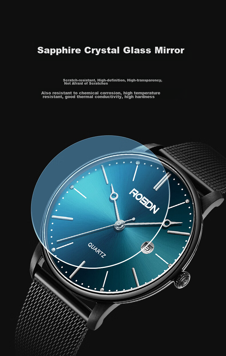 Мужские часы ROSDN Aurora Series, ультратонкие, с календарем, водонепроницаемые, кварцевые, синие