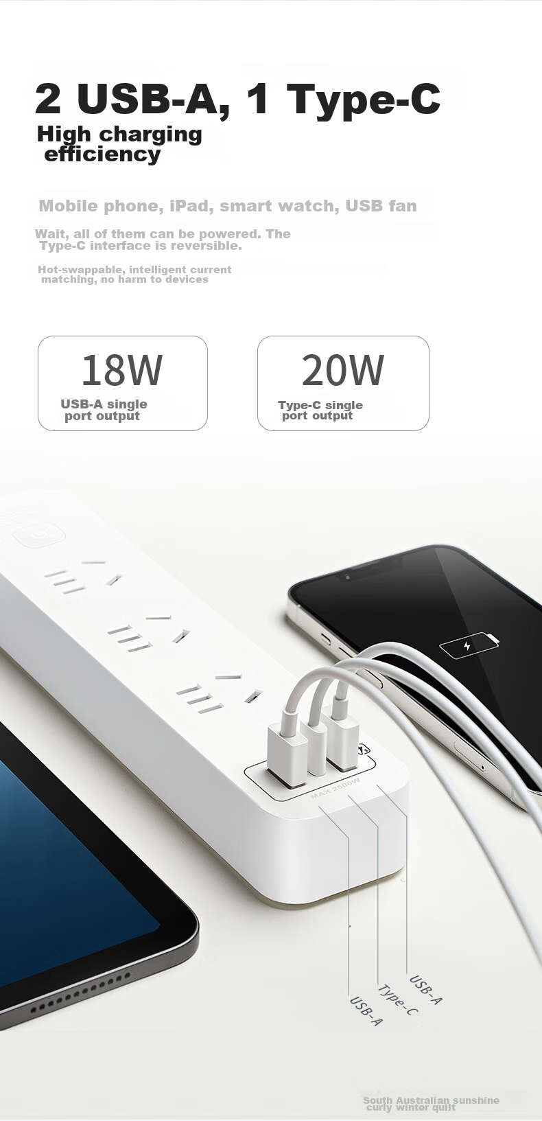Сетевой фильтр DELIXI с USB-портами, 2 розетки, 1 USB Type-C, 1.8 метра, белый
