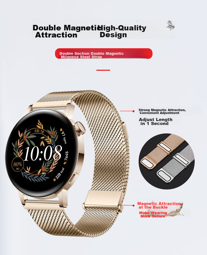 Ремешок BHO из миланской стали для Huawei Watch GT5 Pro/GT4/GT3 Pro/GT2, Watch4 Pro/Watch3/Honor Magic2, магнитный