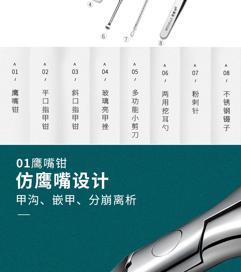 周慕诗指甲刀套装指甲剪斜口耳勺鼻毛剪眉夹指甲锉专用鹰嘴钳嵌甲修脚刀礼物 MS-2008