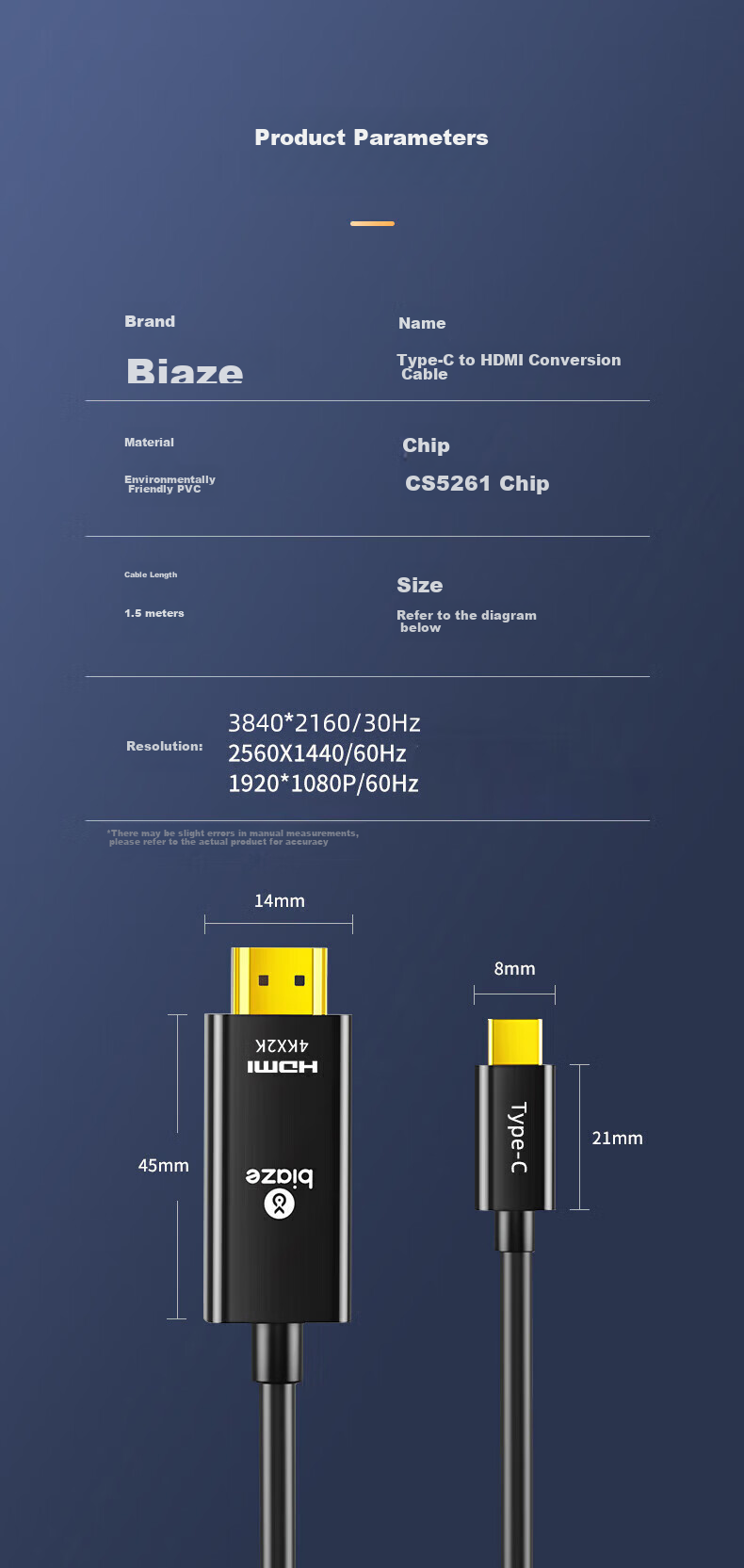 Кабель-переходник BIAZE Type-C на HDMI, 1.5 метра, 4K HD
