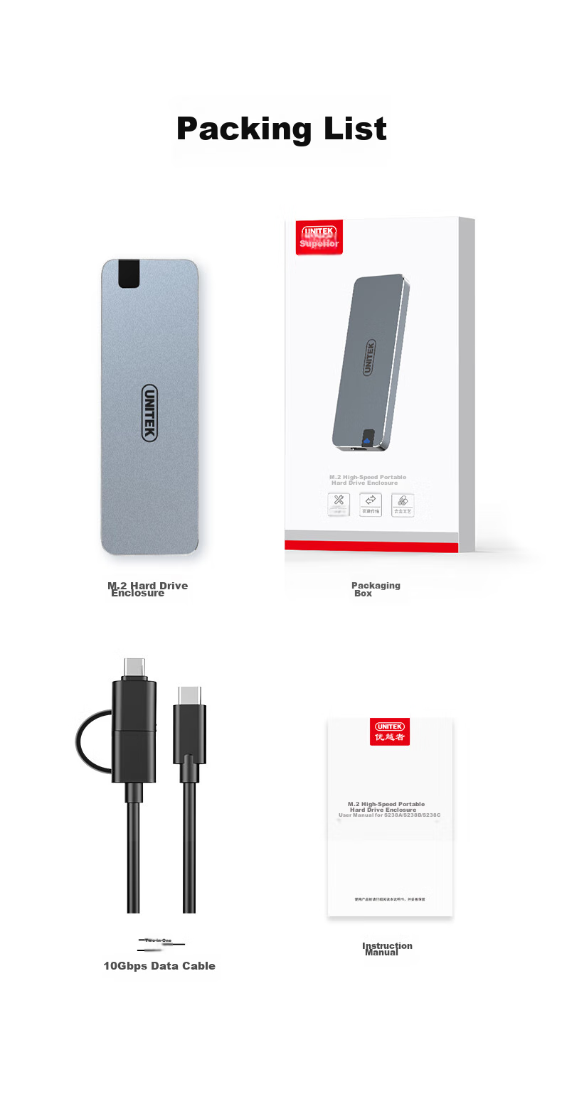 Внешний корпус UNITEK S238B для M.2 NVMe SSD, USB 3.2 Gen 2 Type-C, 10 Гбит/с, алюминиевый сплав, 102x33.8x9 мм, серый