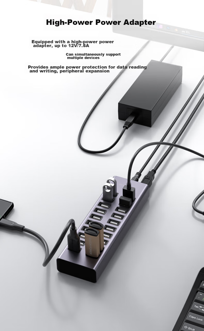 USB-хаб Acasis H037 на 20 портов USB 2.0 с блоком питания 90 Вт, алюминиевый корпус, для ноутбуков и ПК