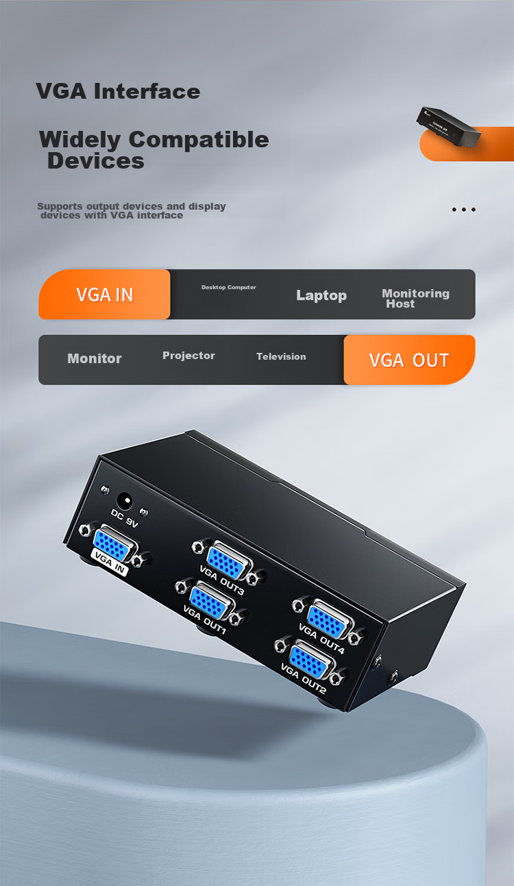Разветвитель VGA SAMZHE HV-802W, 1 вход / 2 выхода, 250 МГц, поддержка HD 1080P, металлический корпус, черный