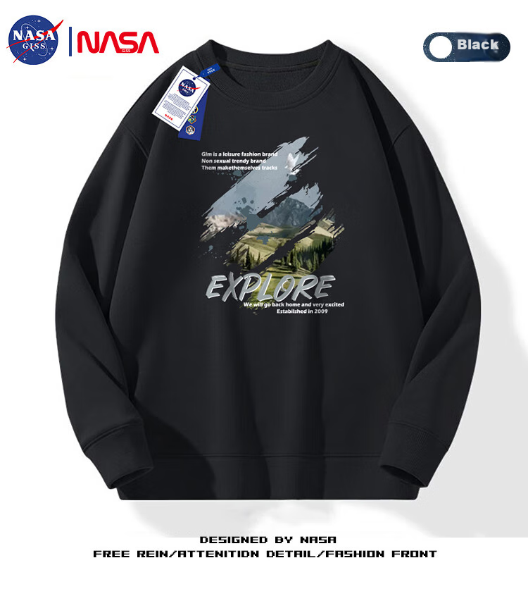 Мужская толстовка NASA GISS, трендовая, осенне-зимняя, свободного кроя, с круглым вырезом, черная, размер L