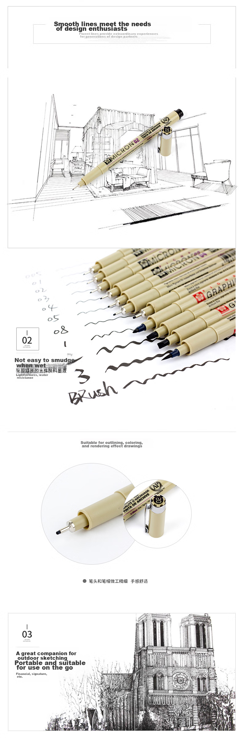 Черная гелевая ручка SAKURA Fine Line Pen 0.45 мм, японская, водостойкая, для рисования, скетчинга, манги и аниме