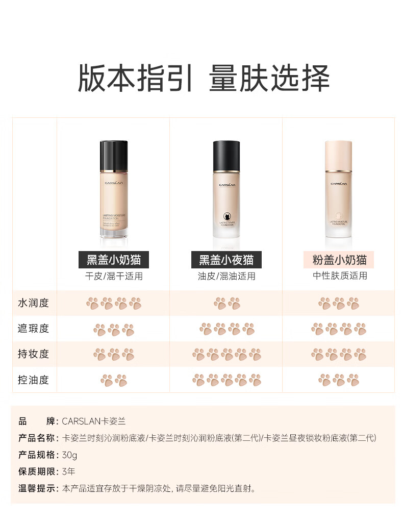 卡姿兰（Carslan） 遮瑕粉底液 持久控油粉霜防水防汗油皮干皮 小奶猫水润服帖30g 【干皮推荐】小奶猫01#玉瓷色