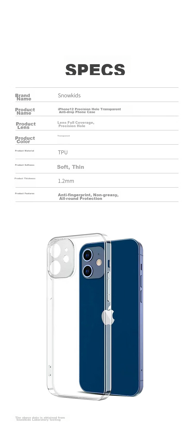 Чехол для Apple iPhone 12 Snowkids, ультратонкий, прозрачный, TPU, с защитой камеры, 6.1 дюйма