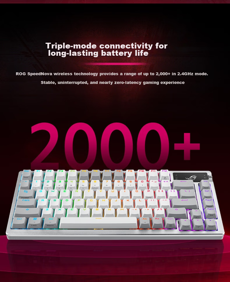 ROG Night Demon Механическая клавиатура, беспроводная/трехрежимная игровая и киберспортивная клавиатура, 75-клавишная раскладка, NX Snow White Switches, RGB Hot-Swappable Customizable Gasket Structure с OLED-экраном, Moonlight White