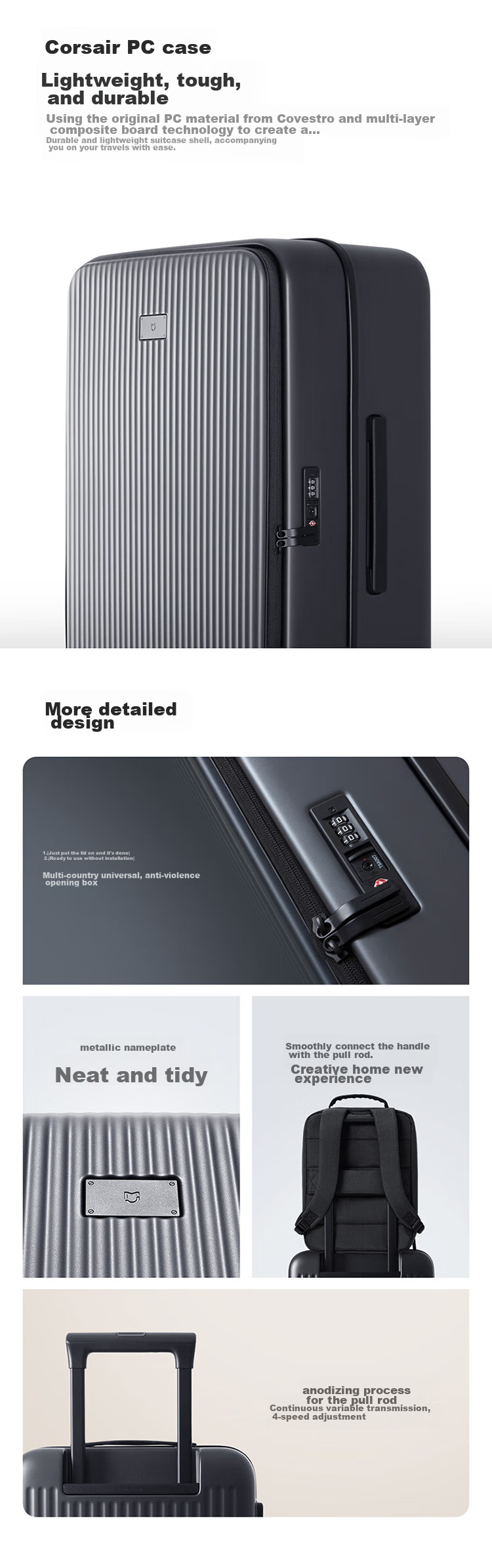 Чемодан Xiaomi Mijia Luggage, 20-дюймовый ручная кладь, с боковым отделением, кодовый замок, черный