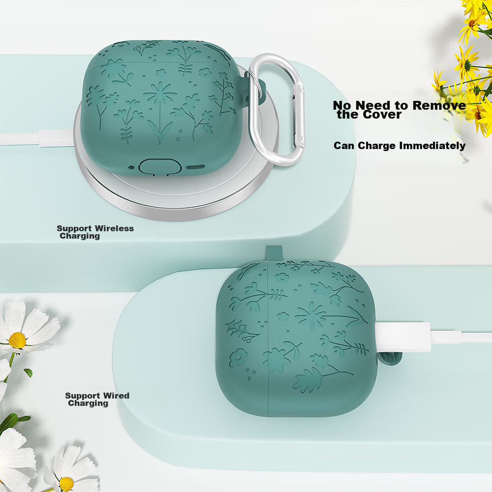 Защитный чехол ESCAPE для AirPods 4 (2024), силиконовый, противоударный, с цветочным принтом, зеленый