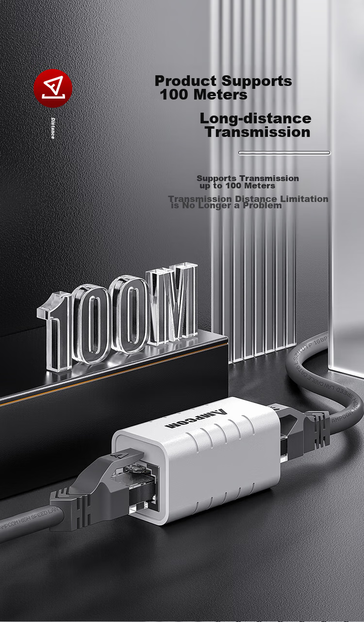 AMPCOM CAT6 Gigabit Crystal Head Network Cable Straight-Through Connector, CAT6 Shielded Double-Pass Network Extension Connector RJ45 Computer Network Port Adapter Black 1 Piece AMCAT6BK102