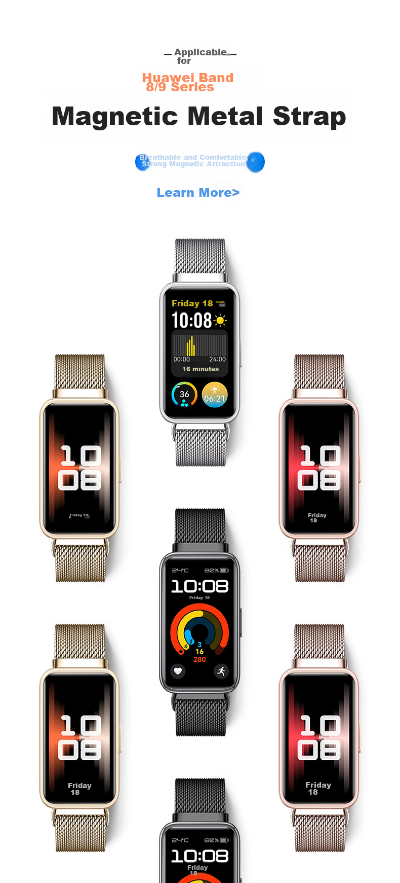 Ремешок BHO Milanese для Huawei Band 10/9/8, металлический, черный