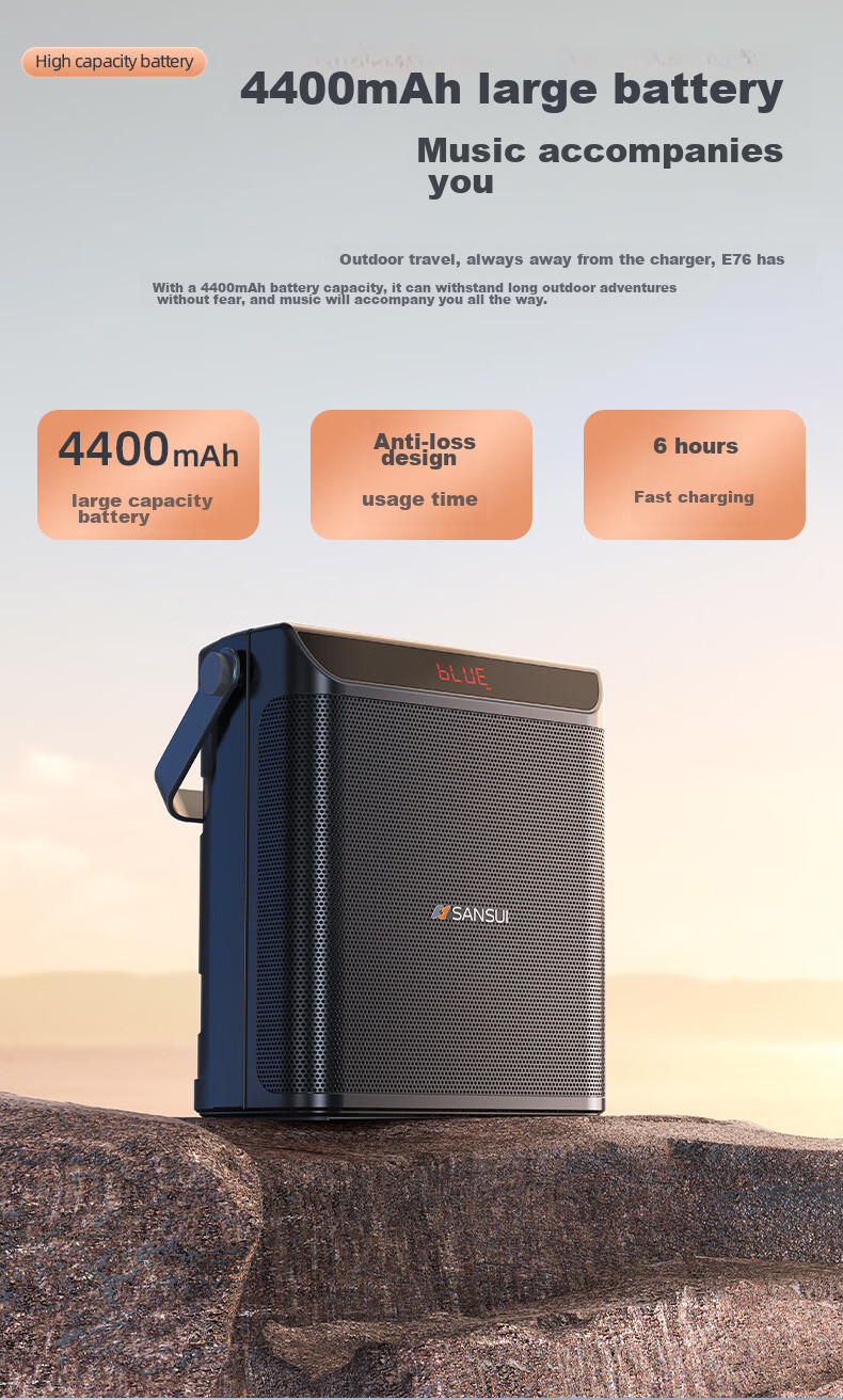 Портативная колонка SANSUI E76, 25 Вт, Bluetooth 5.0, с двумя беспроводными микрофонами, для караоке, вечеринок и выступлений