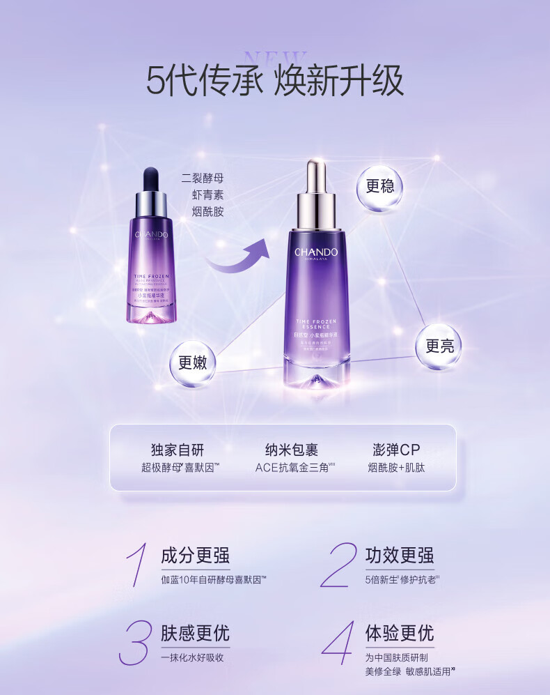 自然堂（CHANDO）小紫瓶精华第五代凝时修护精华液套装（小紫瓶50ml+面膜*1片）