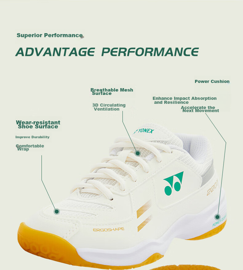 Кроссовки для бадминтона YONEX SHB220JRCR, детская модель, противоскользящие, амортизирующие, комфортные, цвет бежевый, размер 36