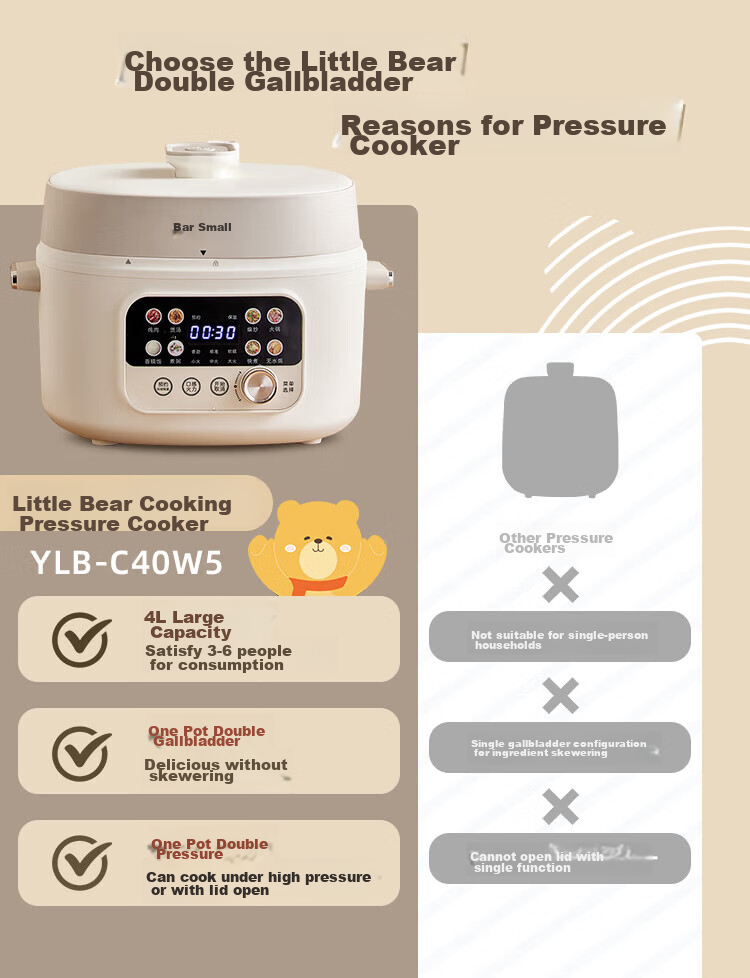 Электрическая скороварка Bear YLB-C40W5, 4 л, с двойной чашей, многофункциональная, умная