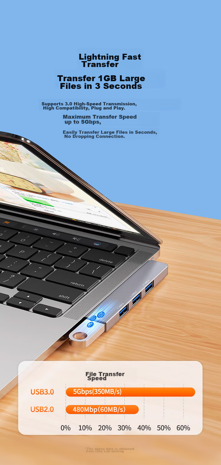 USB-хаб iSky, 4 порта USB 3.0, алюминиевый корпус, серый